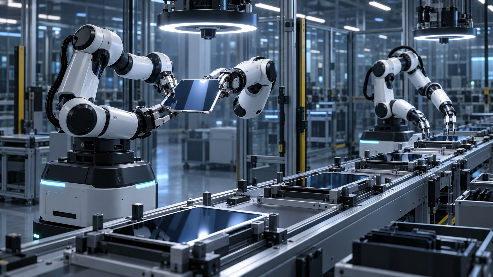 Robotok táblagépek gyártósori ellenőrzésénél – szerkesztőségi illusztráció